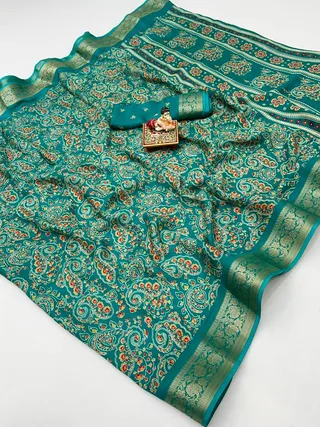 Teal Calcutta Moss Georgette Printed Saree