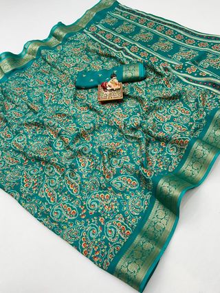 Teal Calcutta Moss Georgette Printed Saree