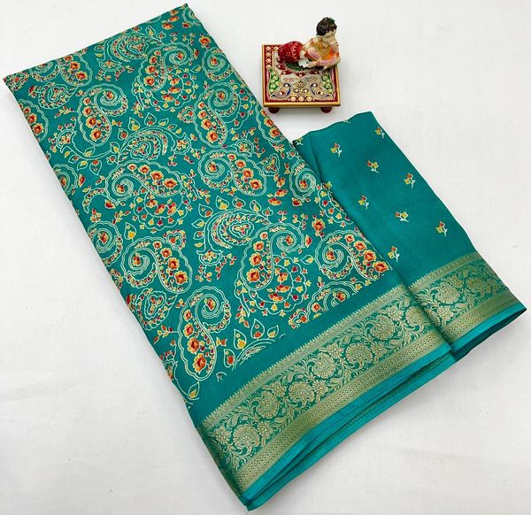 Teal Calcutta Moss Georgette Printed Saree