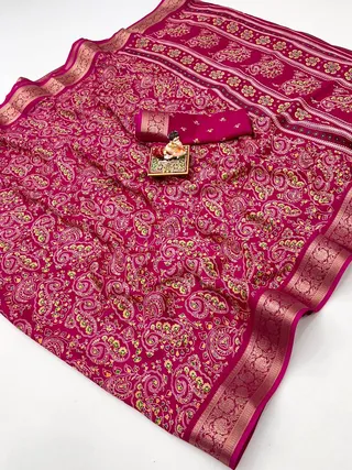 Pink Paisley Print Moss Georgette Saree With Zari Border