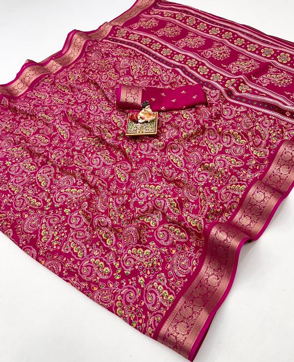 Pink Paisley Print Moss Georgette Saree With Zari Border