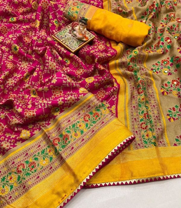 Pink Soft Pashmina Silk Printed Saree With Patola Border