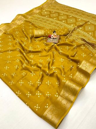 Mustard Calcutta Moss Georgette Printed Saree With Zari