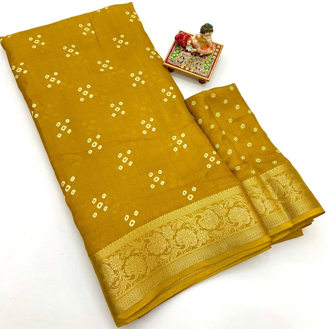 Mustard Calcutta Moss Georgette Printed Saree With Zari