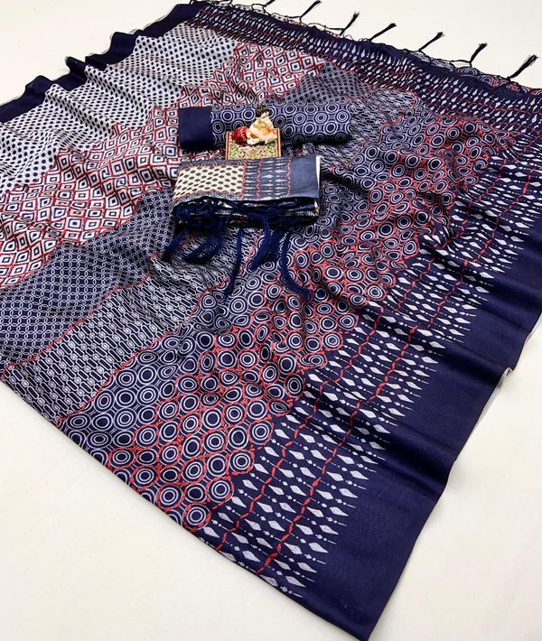 Navy Pashmina Printed Saree With Shawl And Blouse