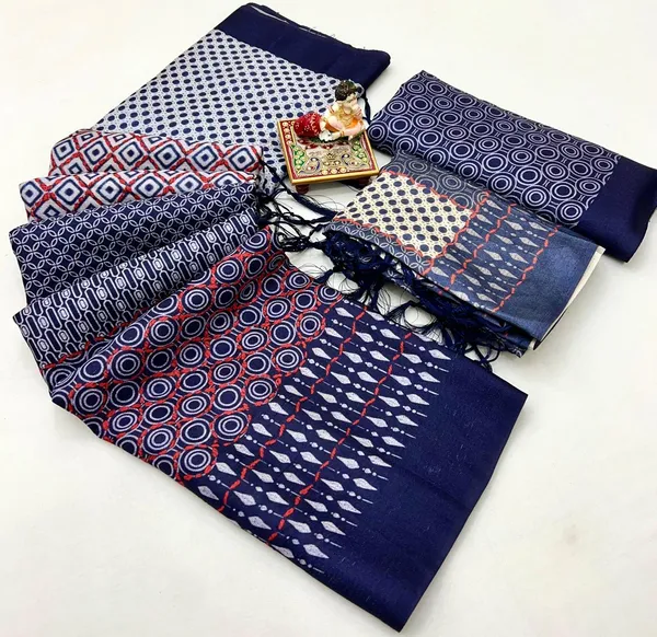 Navy Pashmina Printed Saree With Shawl And Blouse