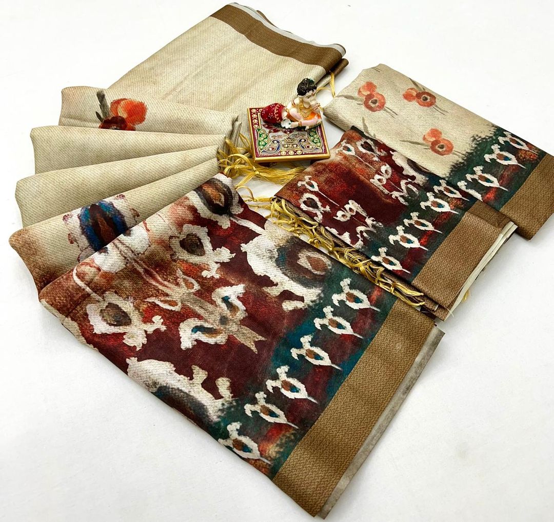 Cream Floral Printed Pashmina Saree With Shawl Set