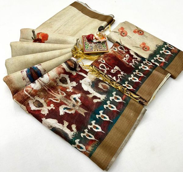 Cream Floral Printed Pashmina Saree With Shawl Set