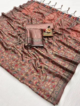 Brown Floral Pashmina Saree With Shawl And Blouse