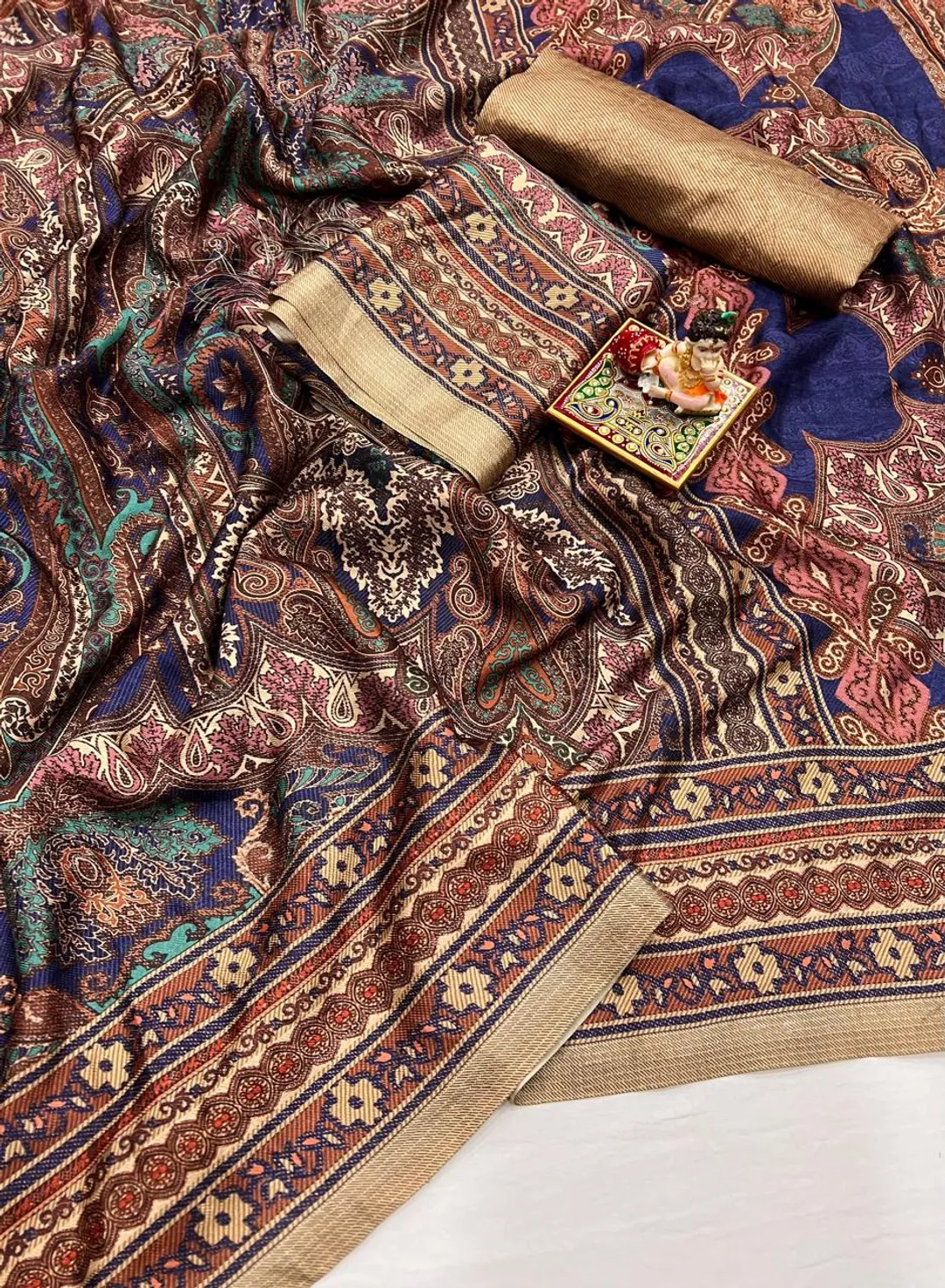Multicolor Paisley Pashmina Saree With Shawl Set