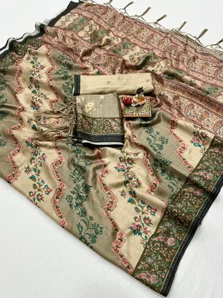 Cream Floral Pashmina Saree With Shawl & Blouse Online