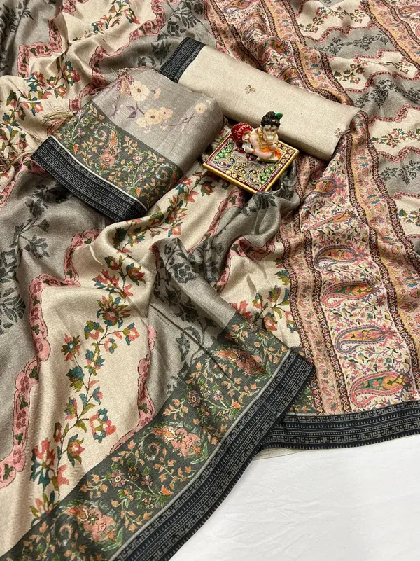 Cream Floral Pashmina Saree With Shawl & Blouse Online