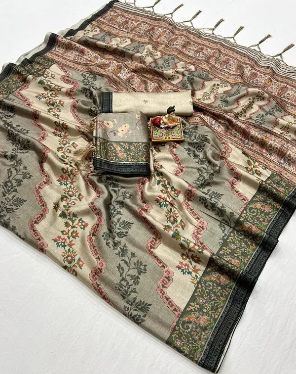 Cream Floral Pashmina Saree With Shawl & Blouse Online