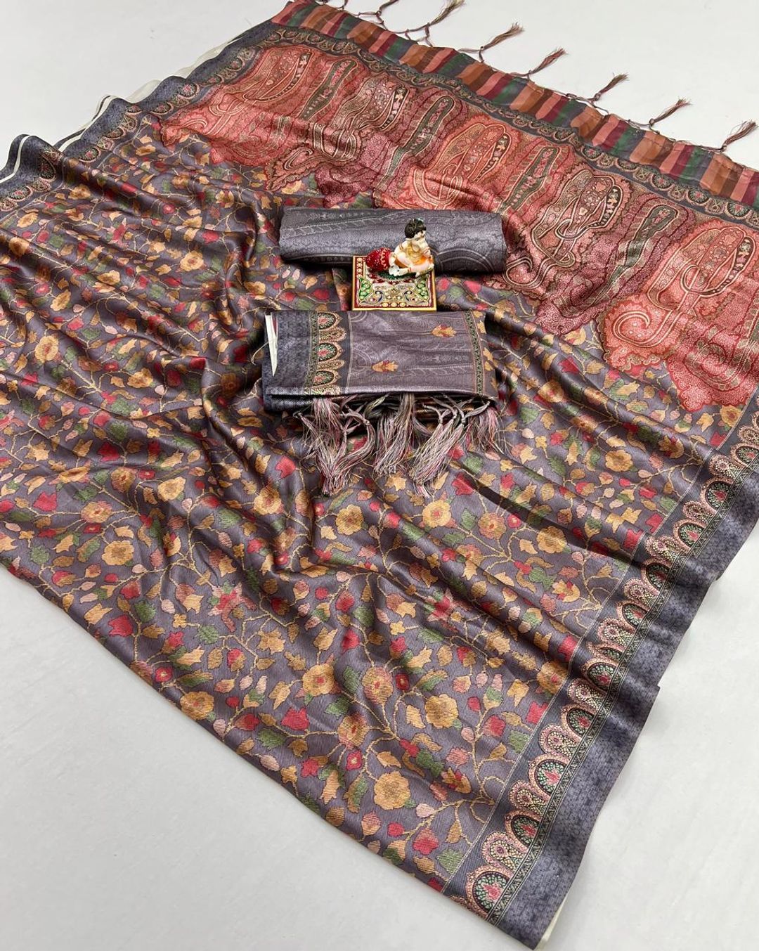 Soft Grey Floral Pashmina Saree With Shawl & Blouse