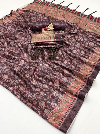 Maroon Floral Pashmina Saree With Shawl & Blouse