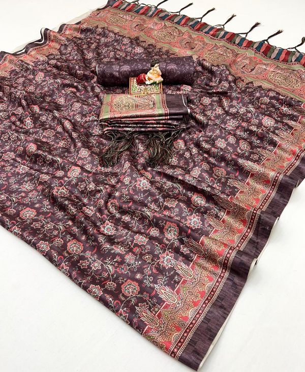 Maroon Floral Pashmina Saree With Shawl & Blouse