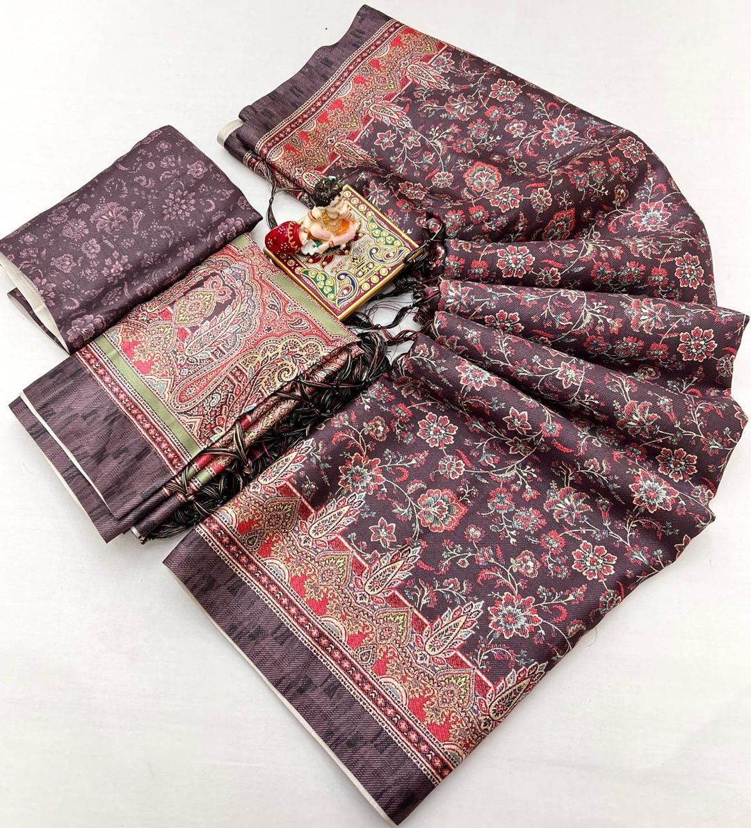 Maroon Floral Pashmina Saree With Shawl & Blouse