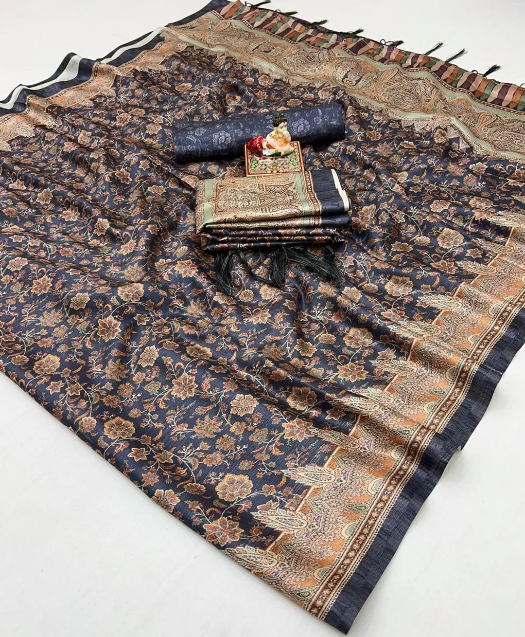 Navy Floral Pashmina Saree With Shawl & Blouse Piece