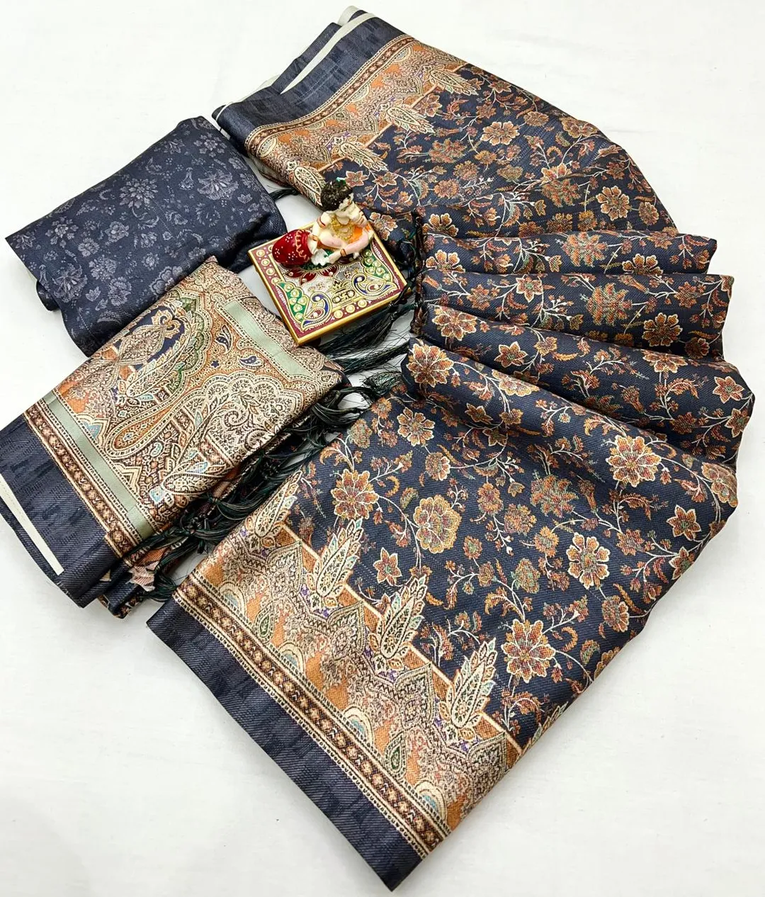 Navy Floral Pashmina Saree With Shawl & Blouse Piece