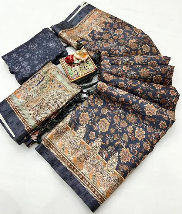 Navy Floral Pashmina Saree With Shawl & Blouse Piece