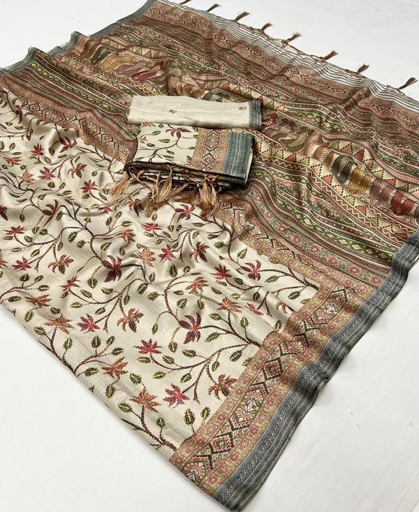 Traditional Cream Pashmina Saree With Shawl For Women