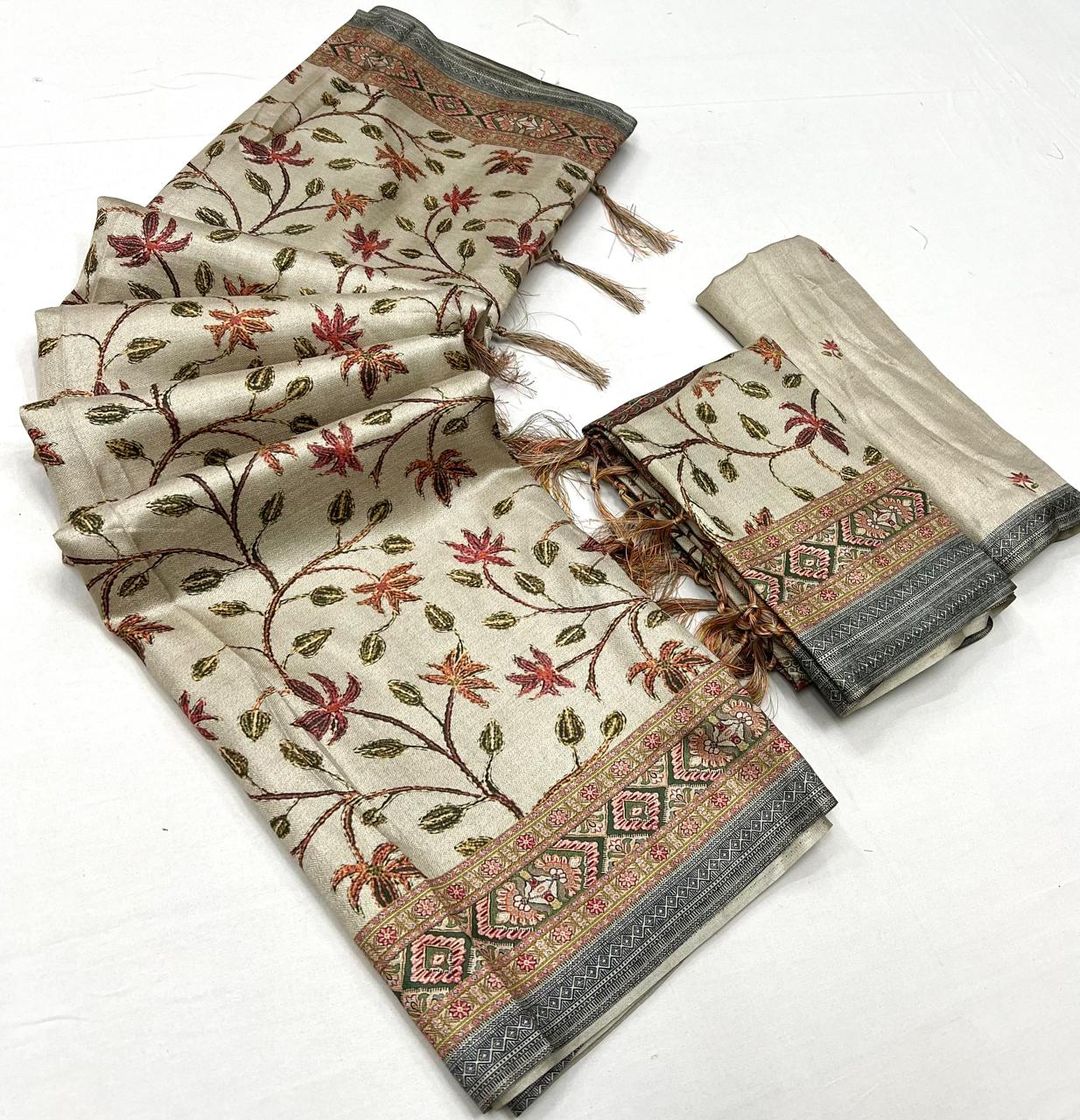 Traditional Cream Pashmina Saree With Shawl For Women