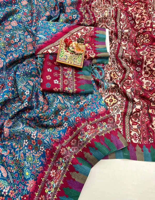 Blue Designer Pashmina Saree With Shawl & Blouse Piece