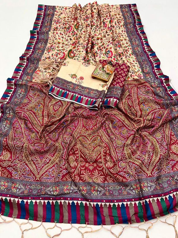 Cream Floral Pashmina Saree With Shawl & Blouse Piece