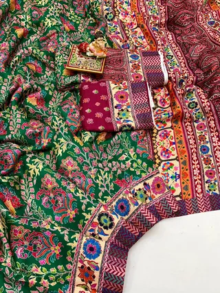 Green Floral Pashmina Saree With Shawl & Blouse Piece