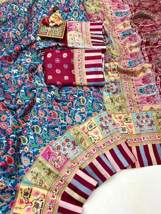 Blue Floral Pashmina Saree with Shawl Ethnic Wear