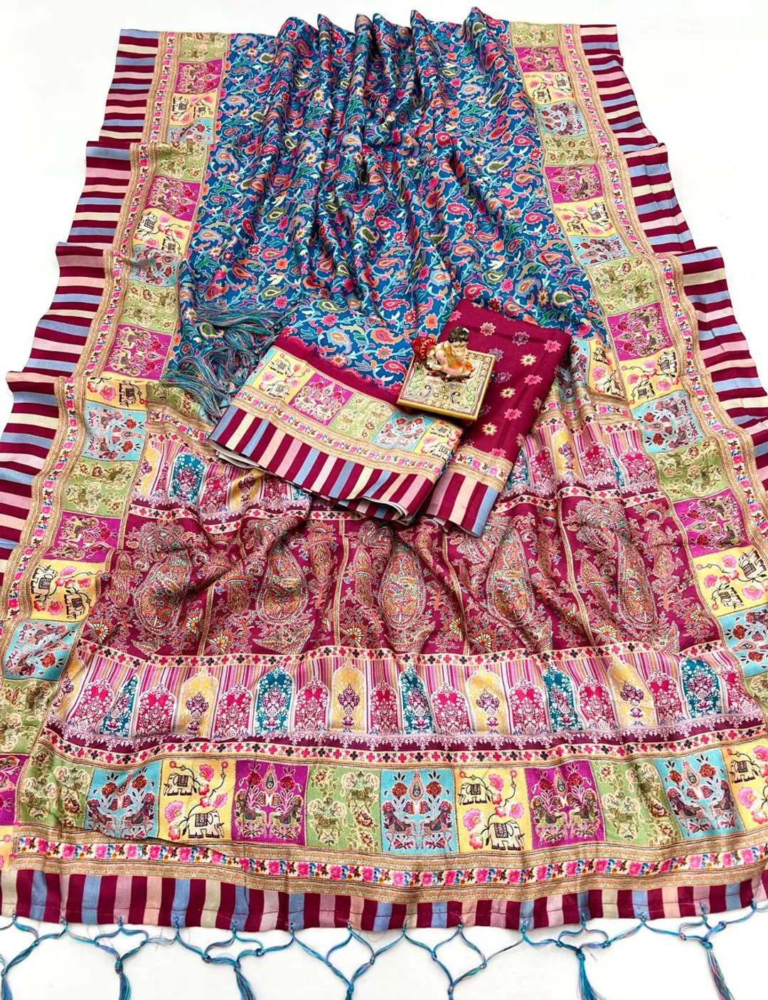 Blue Floral Pashmina Saree With Shawl Ethnic Wear