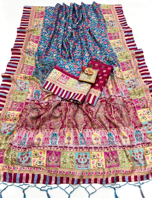 Blue Floral Pashmina Saree With Shawl Ethnic Wear