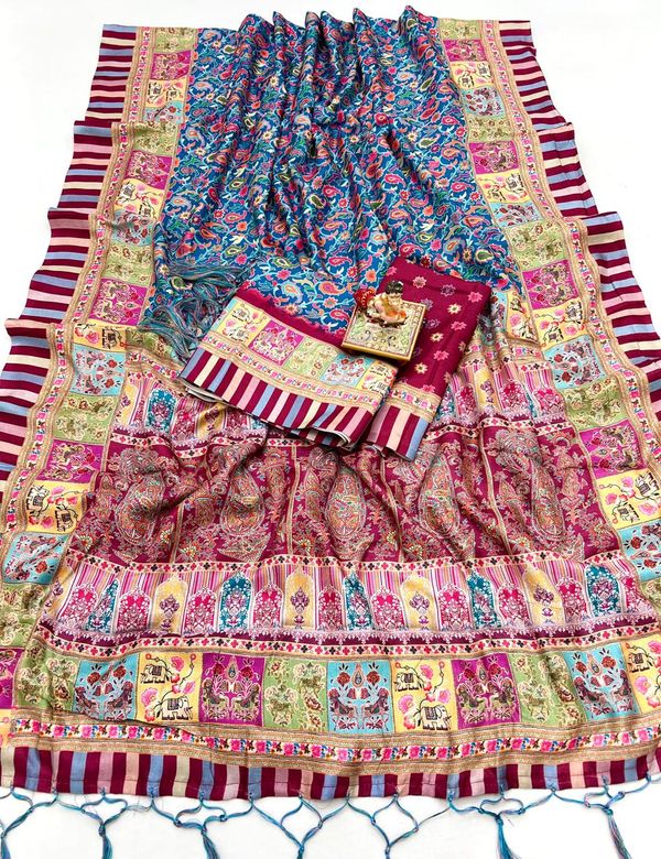 Blue Floral Pashmina Saree With Shawl Ethnic Wear