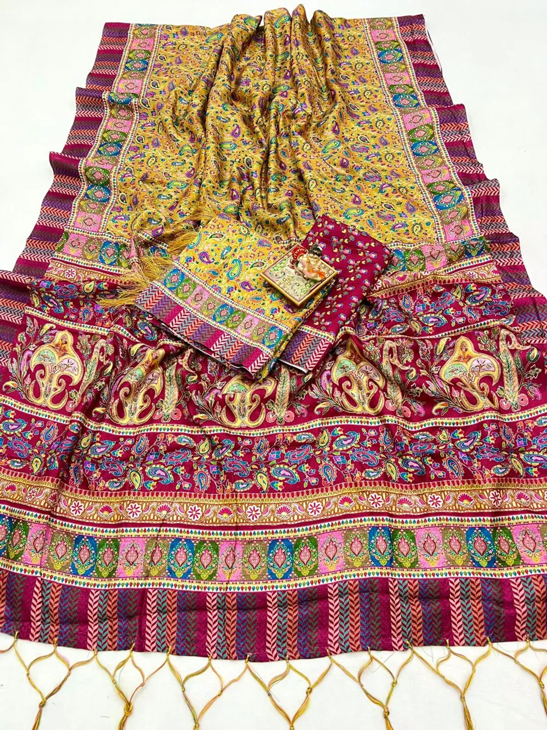 Yellow Designer Pashmina Saree With Shawl & Blouse