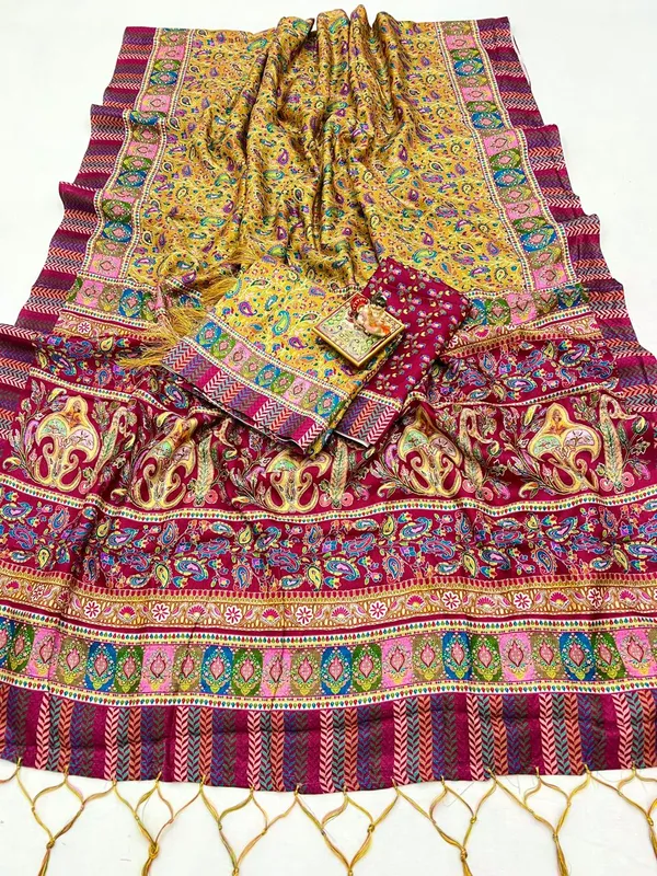 Yellow Designer Pashmina Saree With Shawl & Blouse