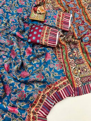 Traditional Blue Pashmina Saree With Shawl For Weddings