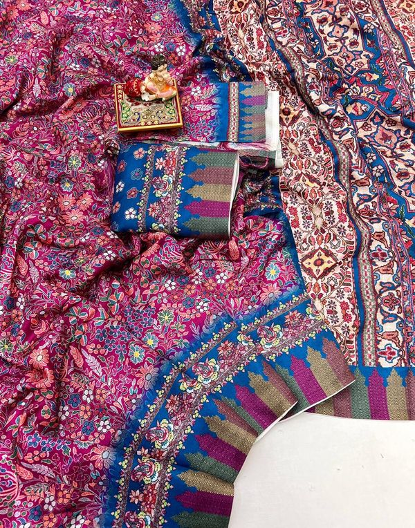 Pink Floral Pashmina Saree with Shawl & Blouse