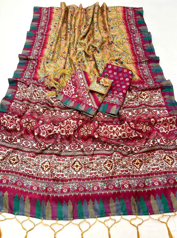 Mustard Floral Pashmina Saree with Shawl & Blouse