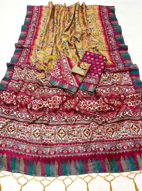 Mustard Floral Pashmina Saree with Shawl & Blouse