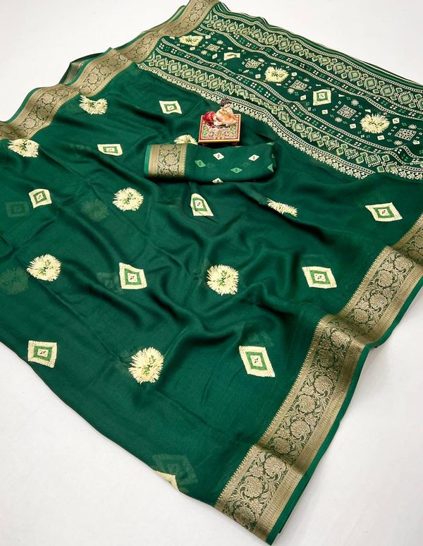 Bottle Green Moss Mellow Georgette Zari Saree