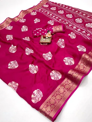 Rani Pink Printed Moss Georgette Saree with Zari Border