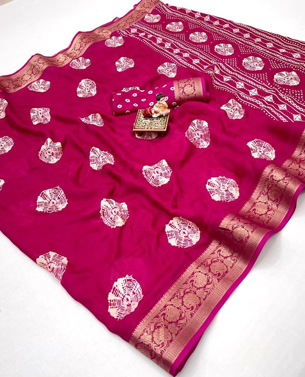 Rani Pink Printed Moss Georgette Saree With Zari Border