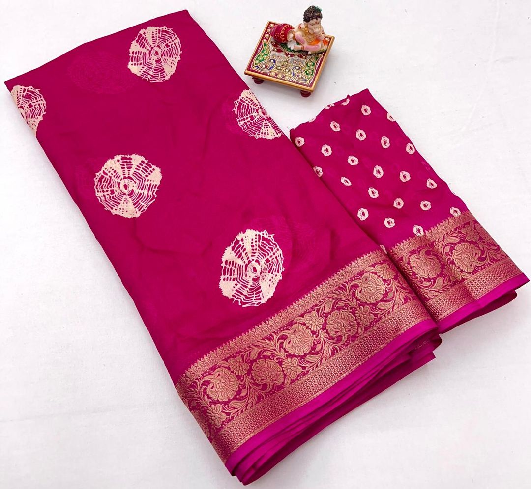 Rani Pink Printed Moss Georgette Saree With Zari Border