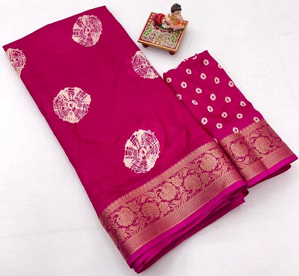Rani Pink Printed Moss Georgette Saree With Zari Border