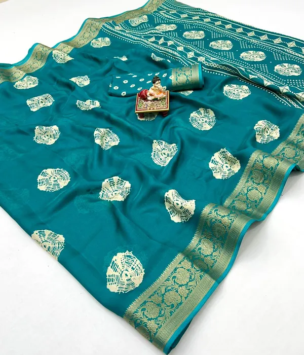 Stylish Teal Printed Moss Georgette Saree With Blouse