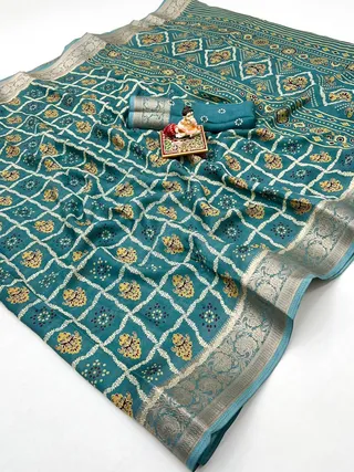 Teal Printed Moss Georgette Saree with Zari Border