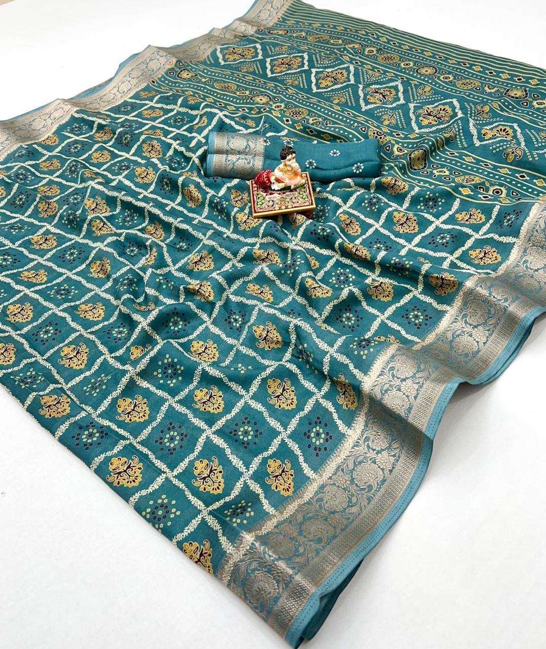 Teal Printed Moss Georgette Saree With Zari Border