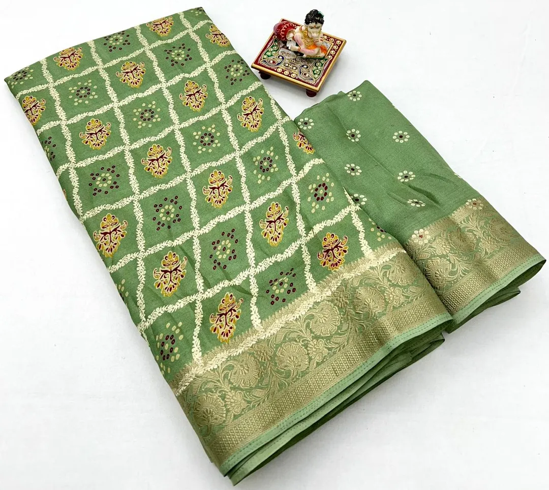 Sage Green Printed Moss Georgette Saree With Zari Border