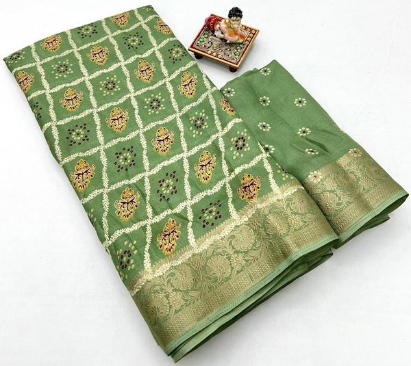 Sage Green Printed Moss Georgette Saree With Zari Border