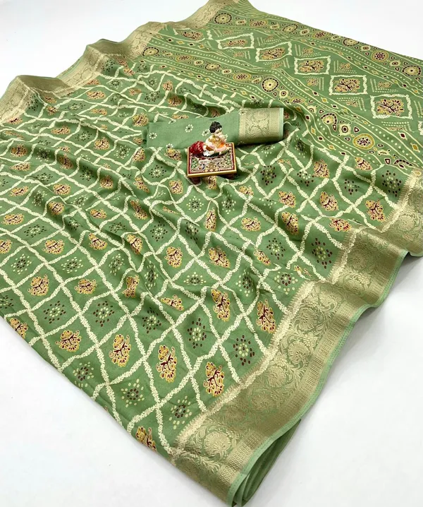 Green Calcutta Moss Georgette Printed Saree With Zari Border